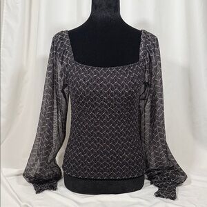 Anthropologie Black Patterned Blouse with Sheer Sleeves